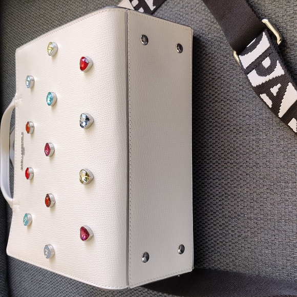 🤍 Karl Lagerfeld Paris White Leather Satchel Purse. Rainbow Heart Jewels. NWT! - Picture 5 of 16